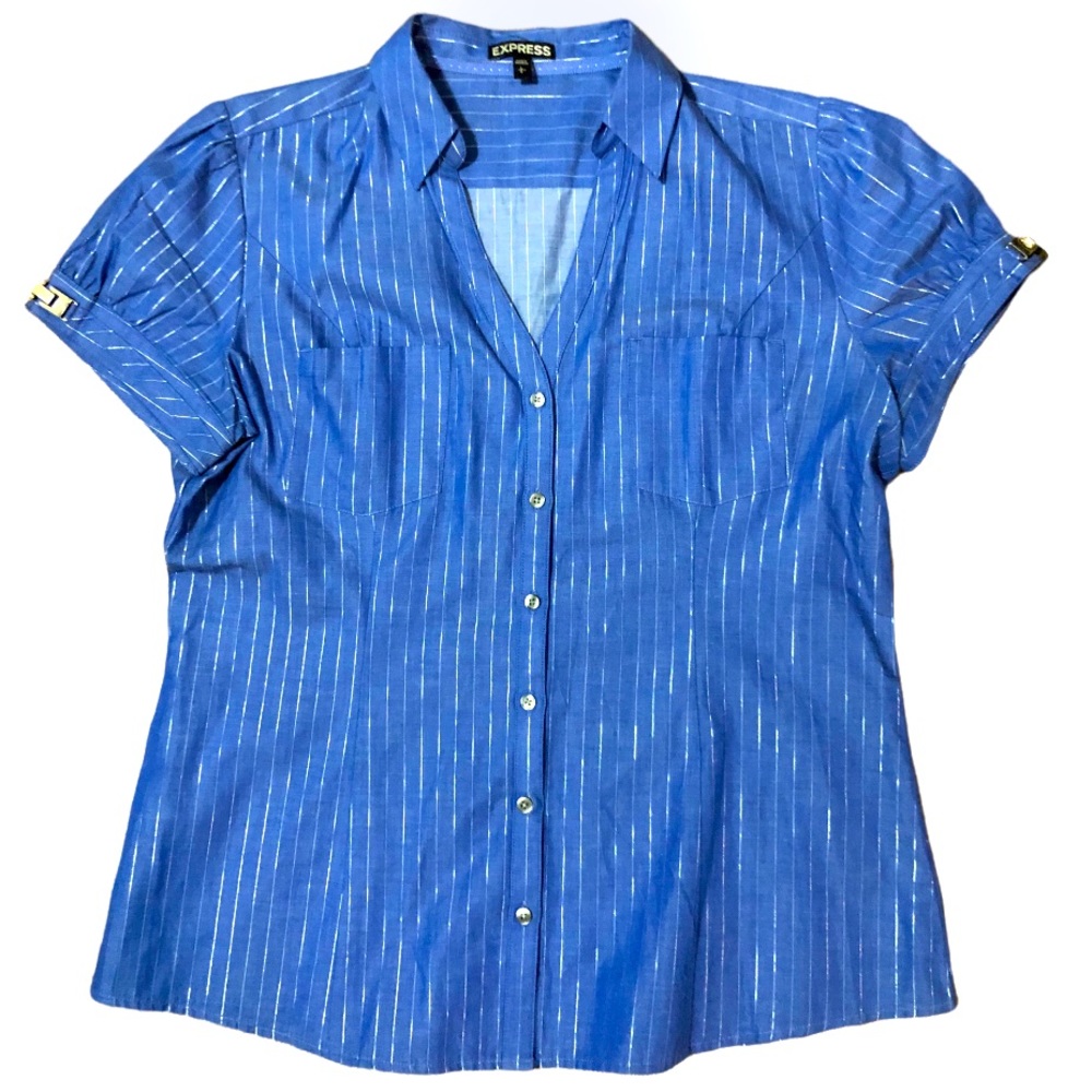 NWOT EXPRESS Editors Short Sleeve Collared Button Up w/Silver Metallic Stripes